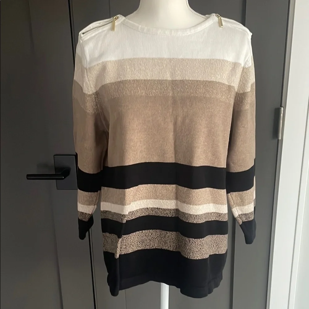 Karen Scott Sweater Striped Zipshoulder